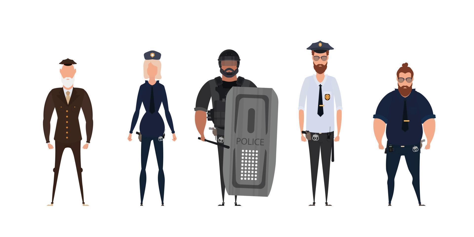 policía policía y oficial de seguridad en ilustración uniforme. grupo de policías. policías de mujer y hombre personajes vectoriales. vector