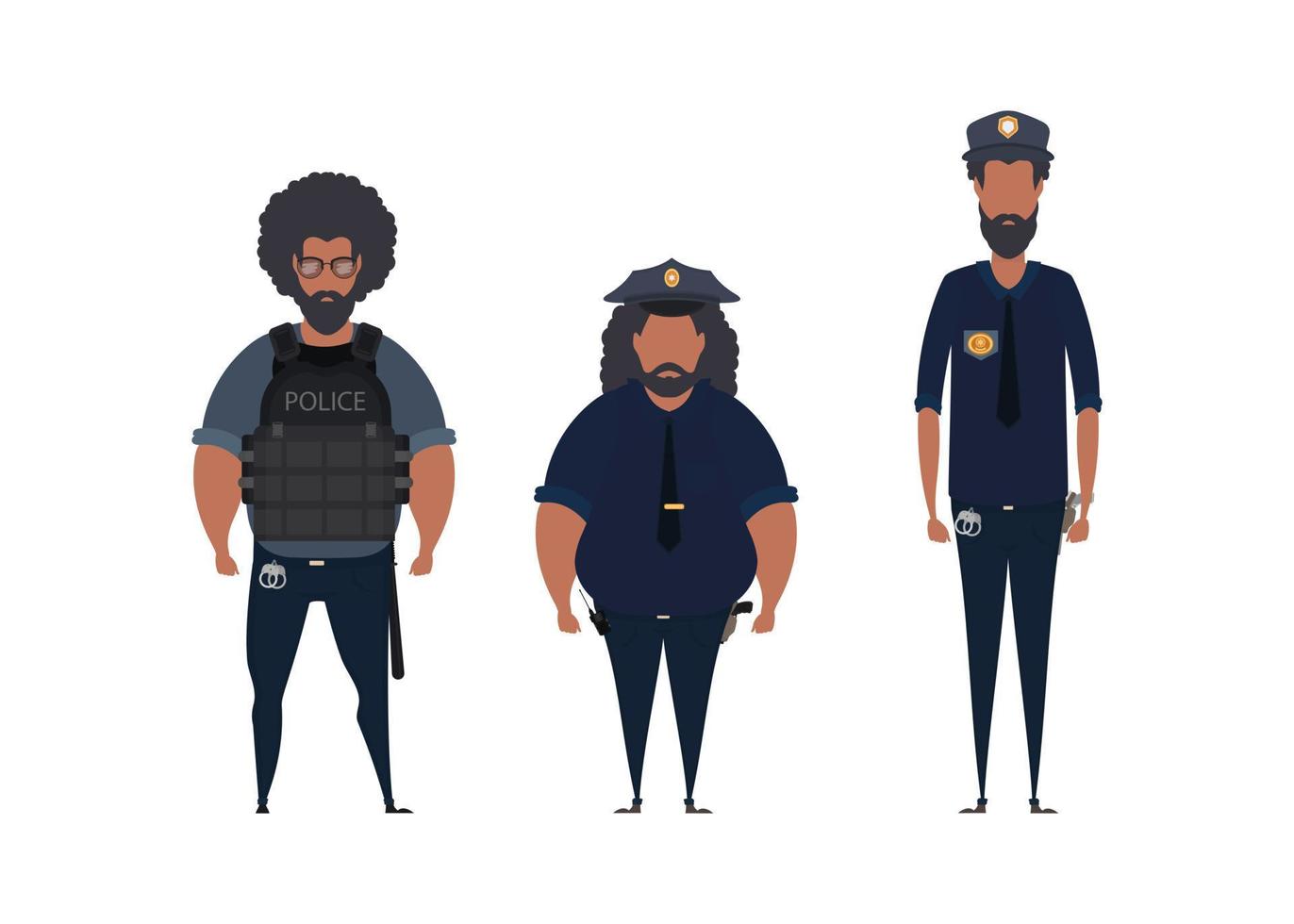 coloque al oficial de policía en uniforme de pie en la vista frontal. concepto de personas de profesión. trabajo en comisaría. vector