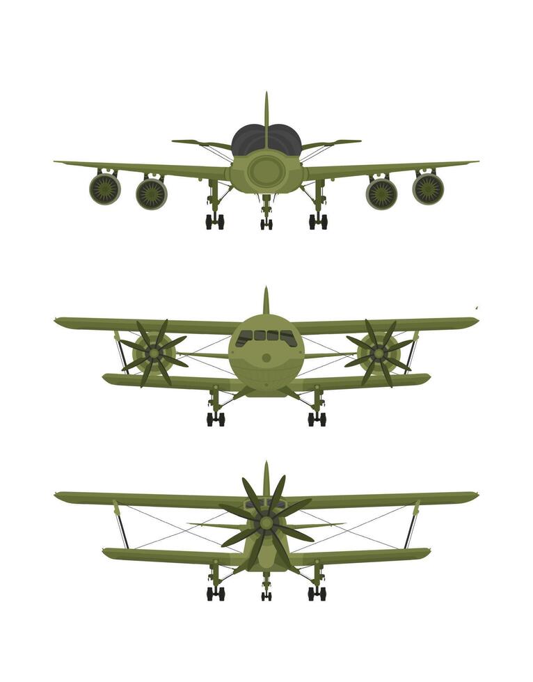 Military plane set, army plane isolated on white background, front view vector