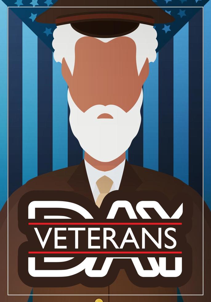 postal del día de los veteranos. un veterano con uniforme militar marrón contra el fondo de la bandera. vector