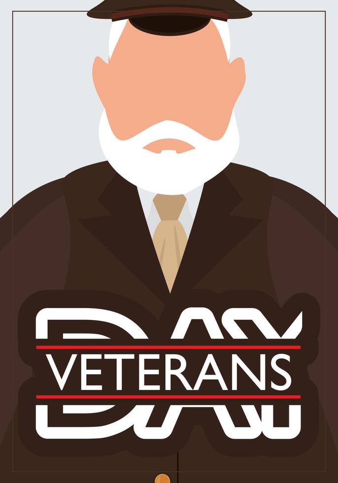 Veterans Day Postcard. Veteran in brown military uniform. Vector illustration.