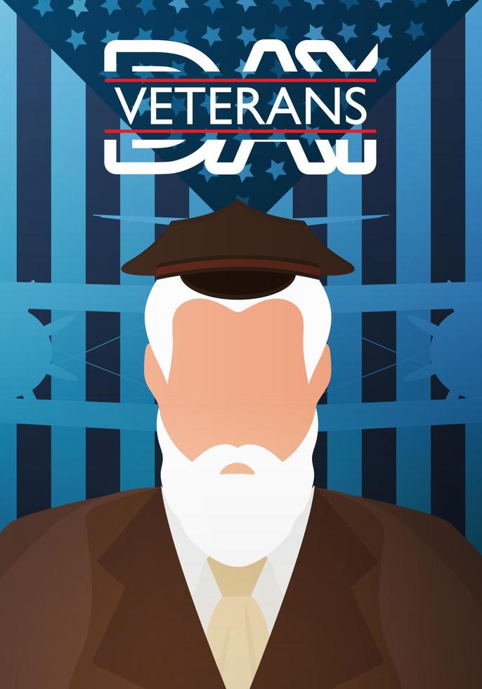 postal del día de los veteranos. un veterano con uniforme militar marrón contra el fondo de la bandera. vector