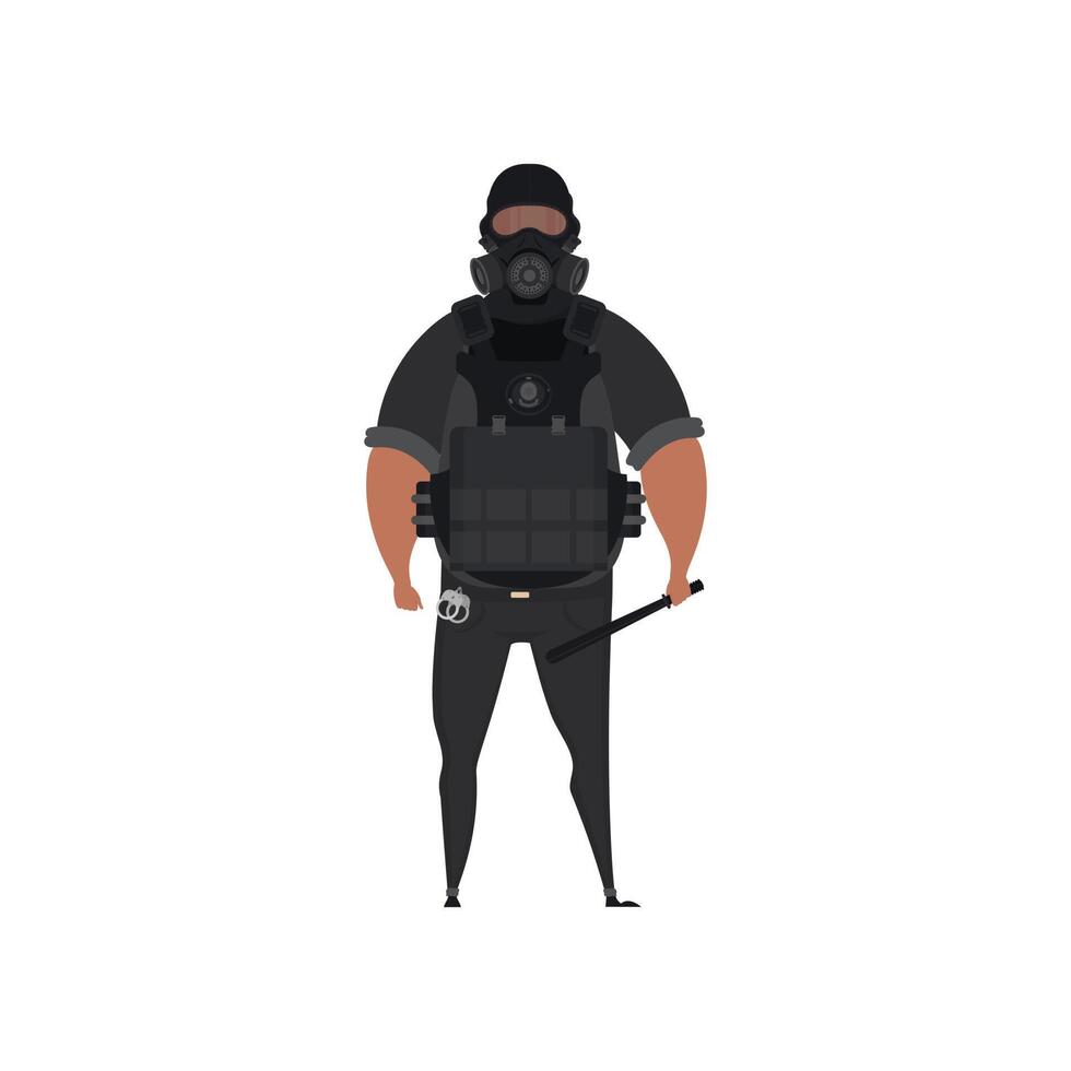 Special Law Enforcement Unit, man of Specialized Tactical Team, dressed in Army Combat Uniform and holding automatic firearm. Cartoon style. Vector illustration