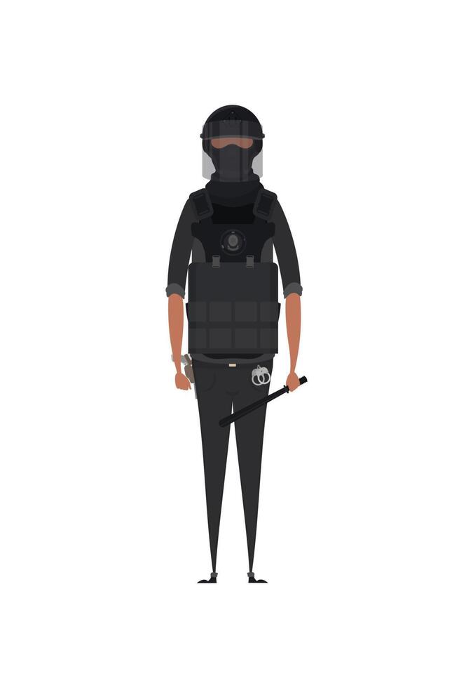 Special Law Enforcement Unit, man of Specialized Tactical Team, dressed in Army Combat Uniform and holding automatic firearm. Cartoon style. illustration vector