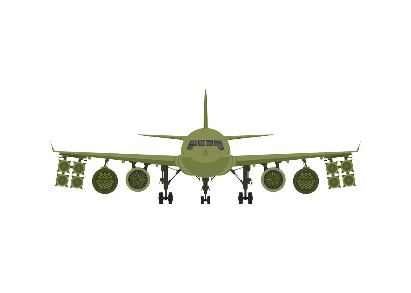 Military plane front view. Green fighter with rocket launchers. vector