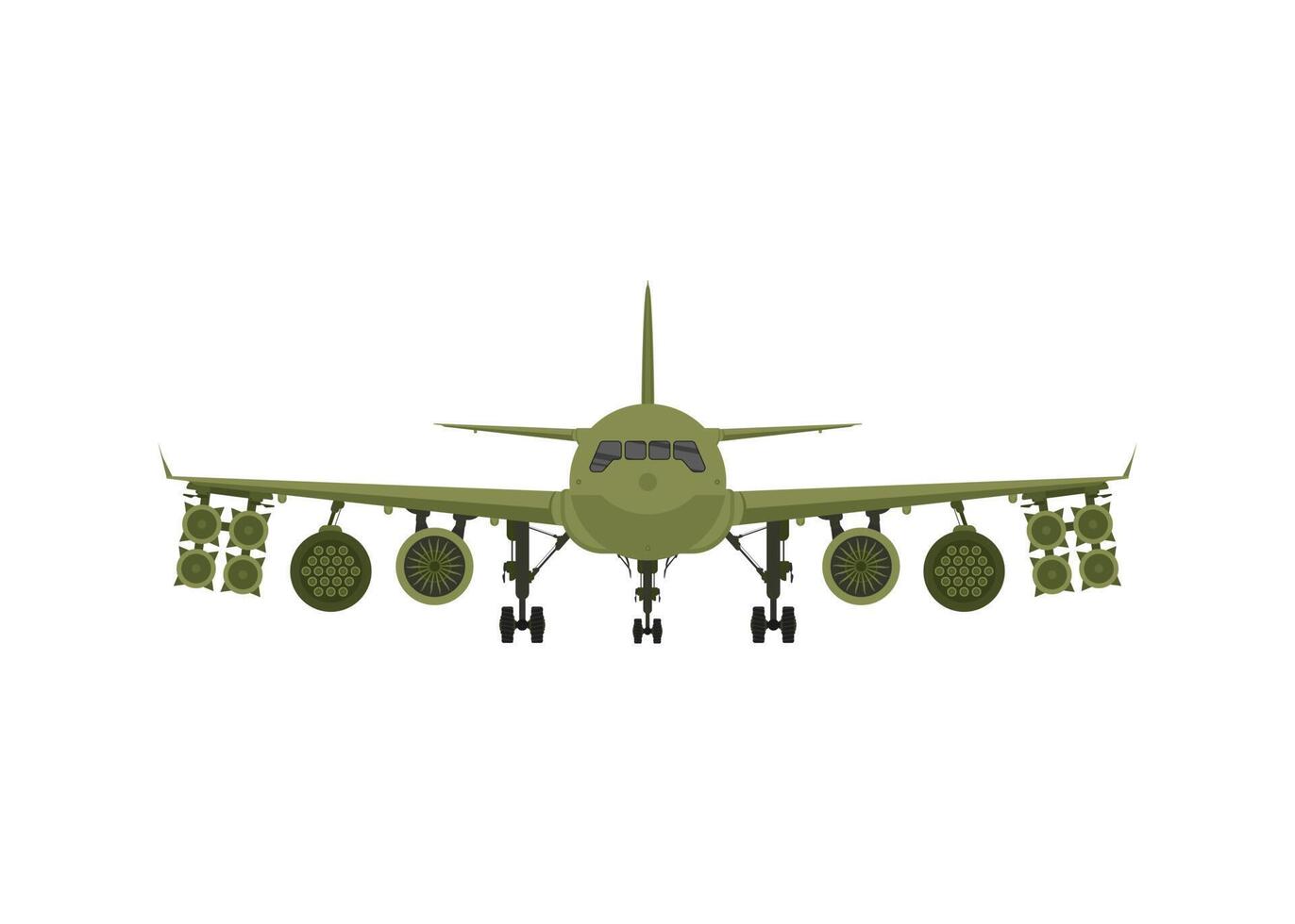 vista frontal del avión militar. luchador verde con lanzacohetes. vector