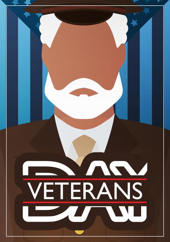 postal del día de los veteranos. un veterano con uniforme militar marrón contra el fondo de la bandera. estilo de dibujos animados vector