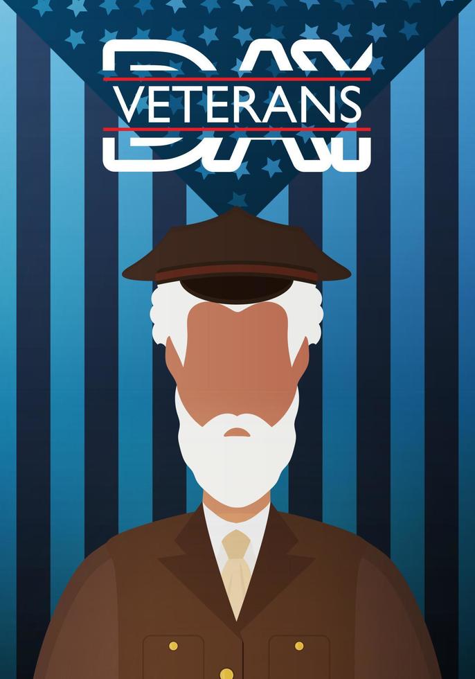 postal del día de los veteranos. un veterano con uniforme militar marrón contra el fondo de la bandera. vector