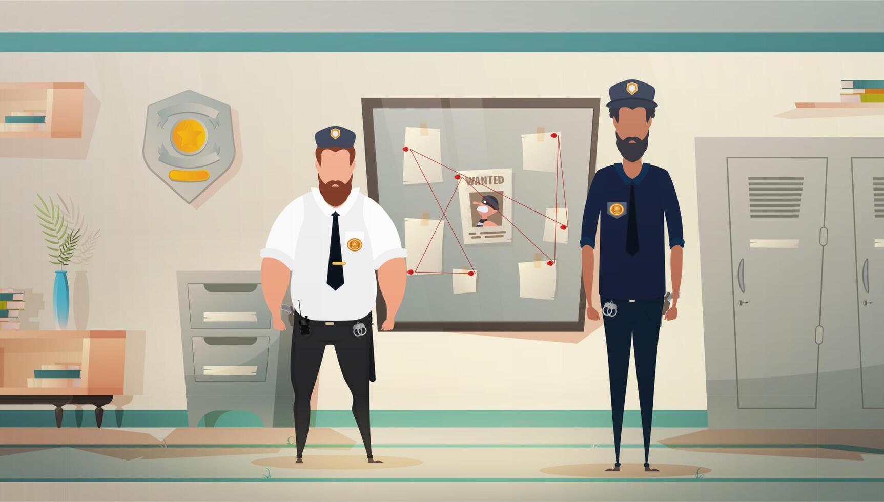 Policemen or militiamen in Police station or department, investigation office room interior, cartoon vector illustration.