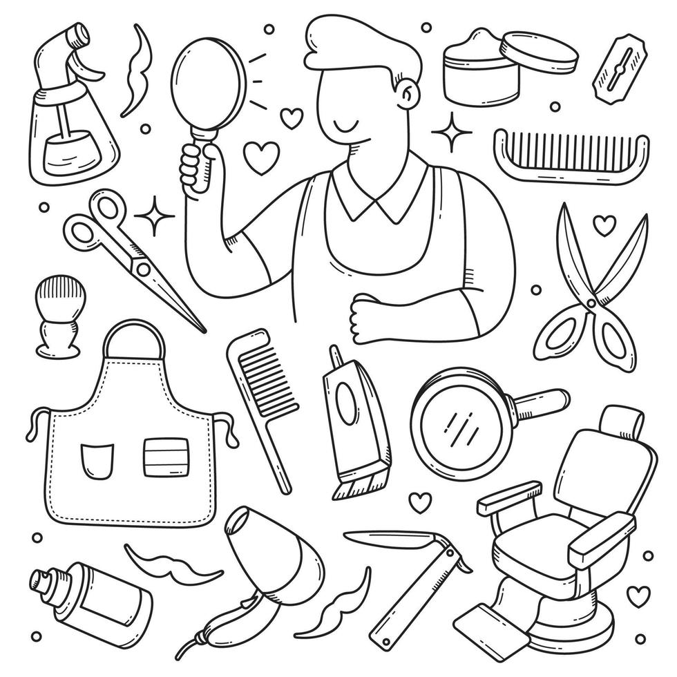 Barbershop tools and equipments doodle hand drawn vector