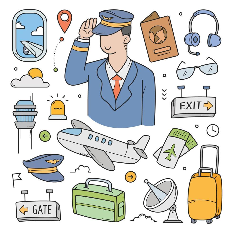 piloto y aeropuerto objeto doodle dibujado a mano vector