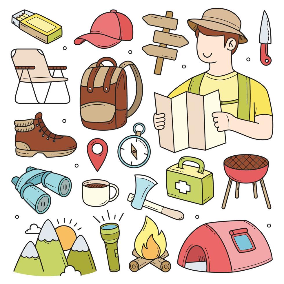 Camping and outdoor doodle hand drawn object elements vector