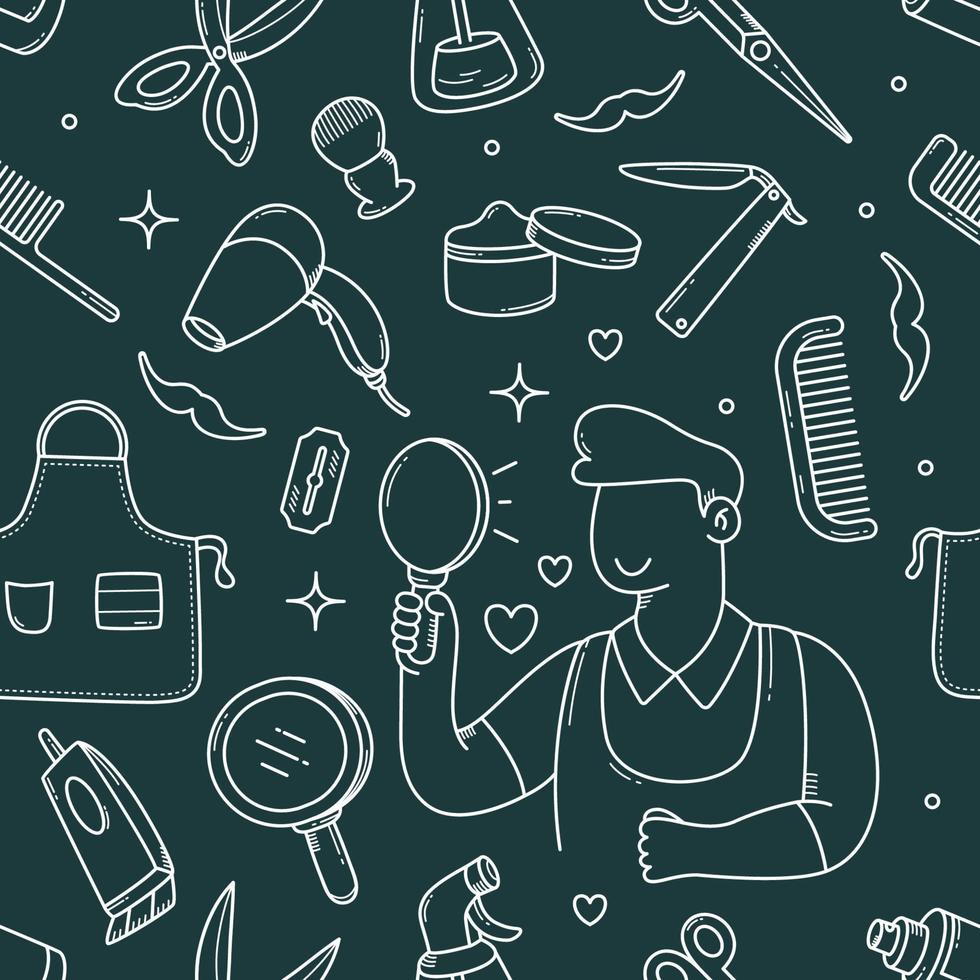 Barbershop tools and equipments seamless pattern doodle hand drawn vector