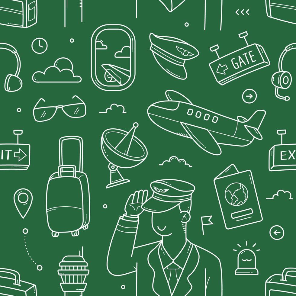Pilot and Airport doodle hand drawn sealmess pattern wallpaper elements vector
