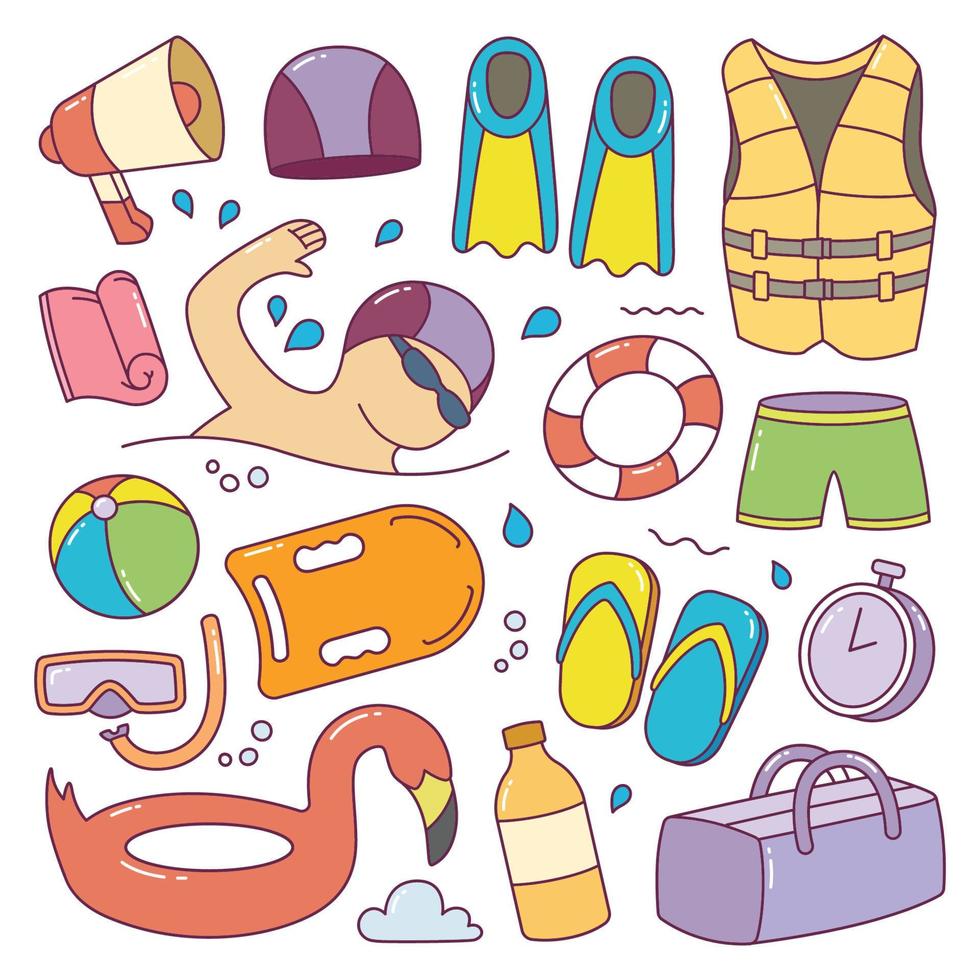 Doodle set of Swimming tools and objects hand drawn vector illustration