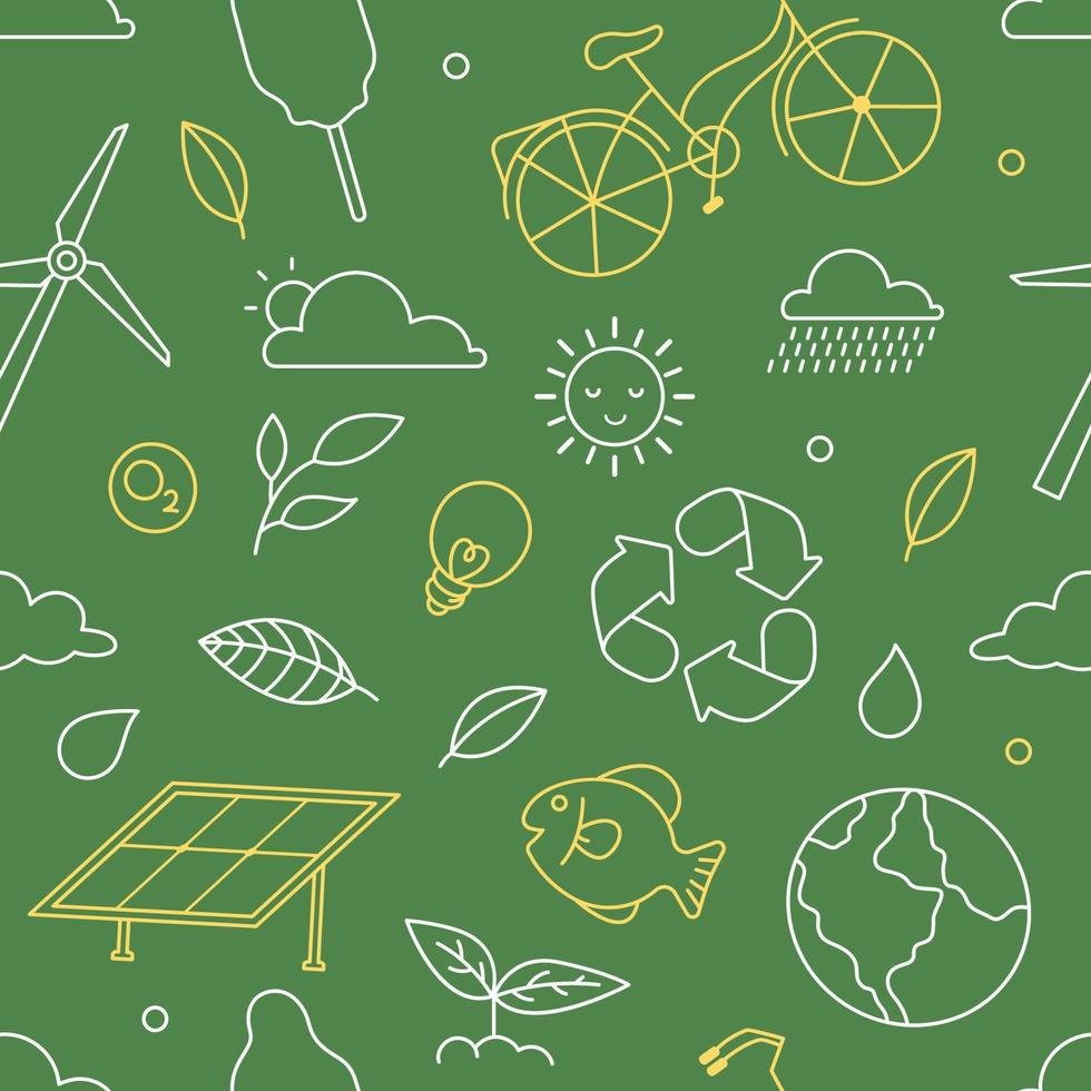 Eco icon doodle seamless pattern. Zero waste and recycle elements outline hand drawn vector