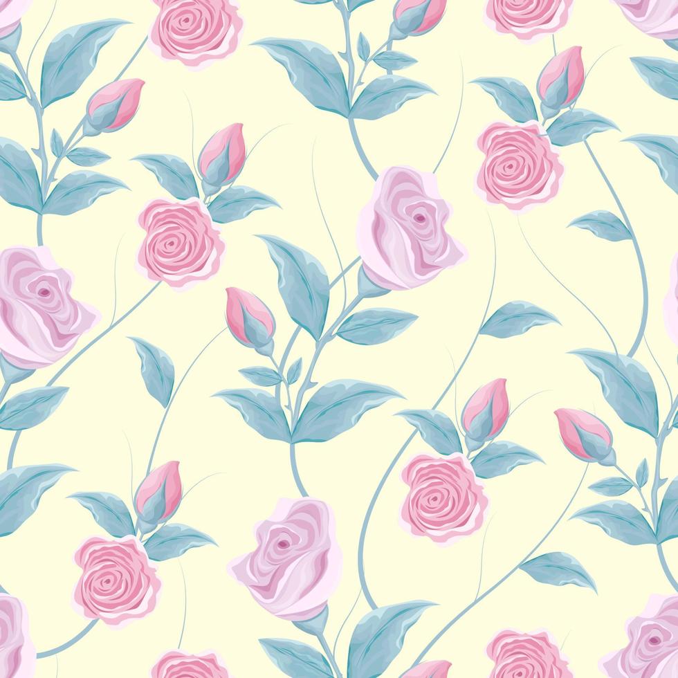 Seamless pattern of gently weaving pink roses, buds, leaves and thin branches on a delicate yellow background. Perfect for wallpaper, textiles, packaging paper vector