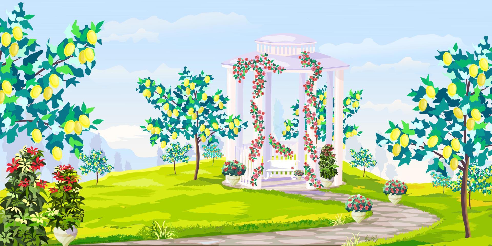 Summer panoramic landscape. Lemon garden with gazebo in weaving flowers, roses in pots vector