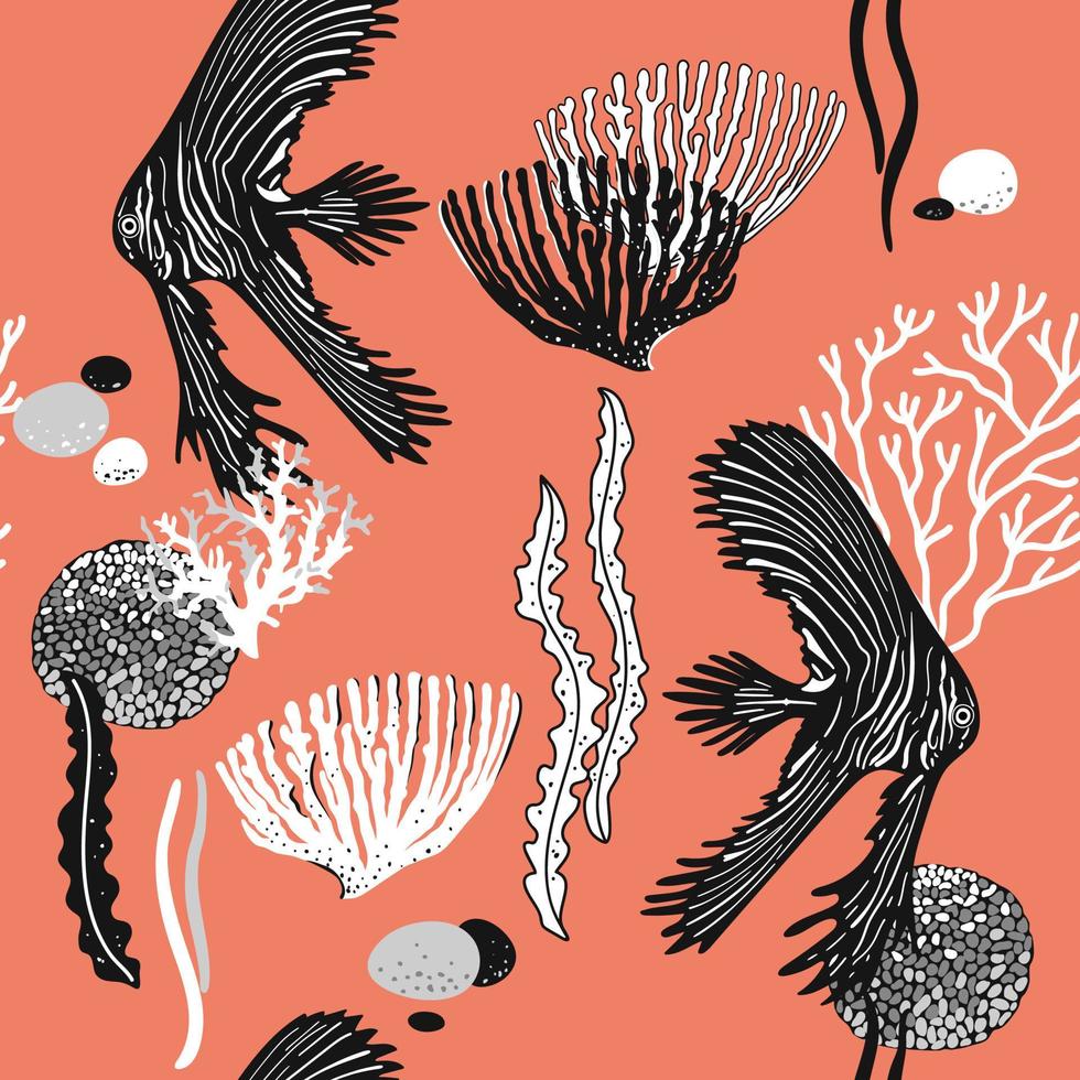 Exotic fishes, corals and underwater plants seamless pattern. Ocean life design for fabric, home textile, wrapping paper vector