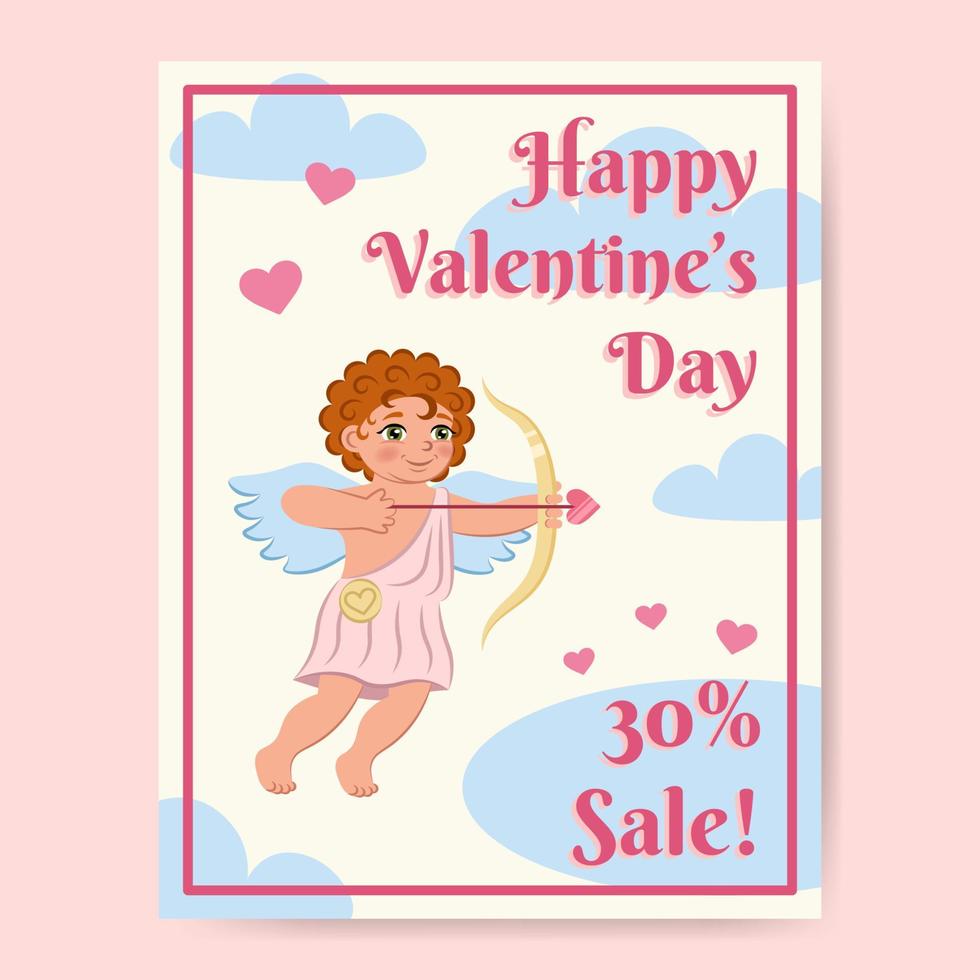 Valentines day postcard template. Cute cupid with bow. Cute cupid with red hair. Happy Valentines Day text. Valentines day sale. Cupid shoots with hearts. vector