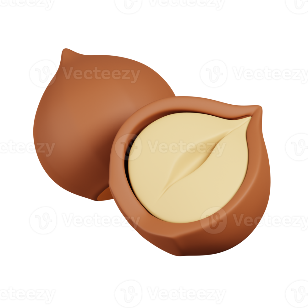 noisette pelée entière, coupée en deux isolées. rendu 3d de l'icône de noix, de graines et de céréales png