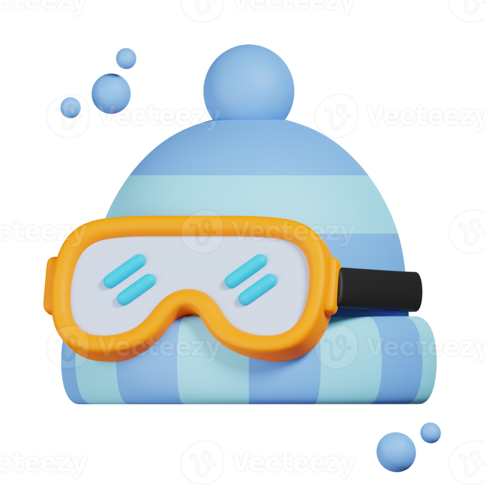 blaue Wintermütze mit Skibrille isoliert. 3D-Darstellung des Wintersymbols png