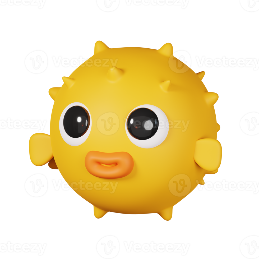 Yellow puffer fish isolated. 3D render of Sea and beach icon png