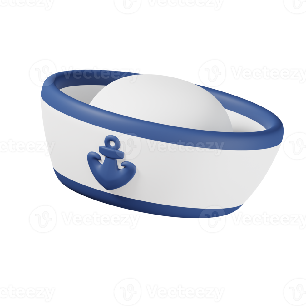 Sailor hat with blue anchor emblem isolated. 3D render of Sea and beach icon png