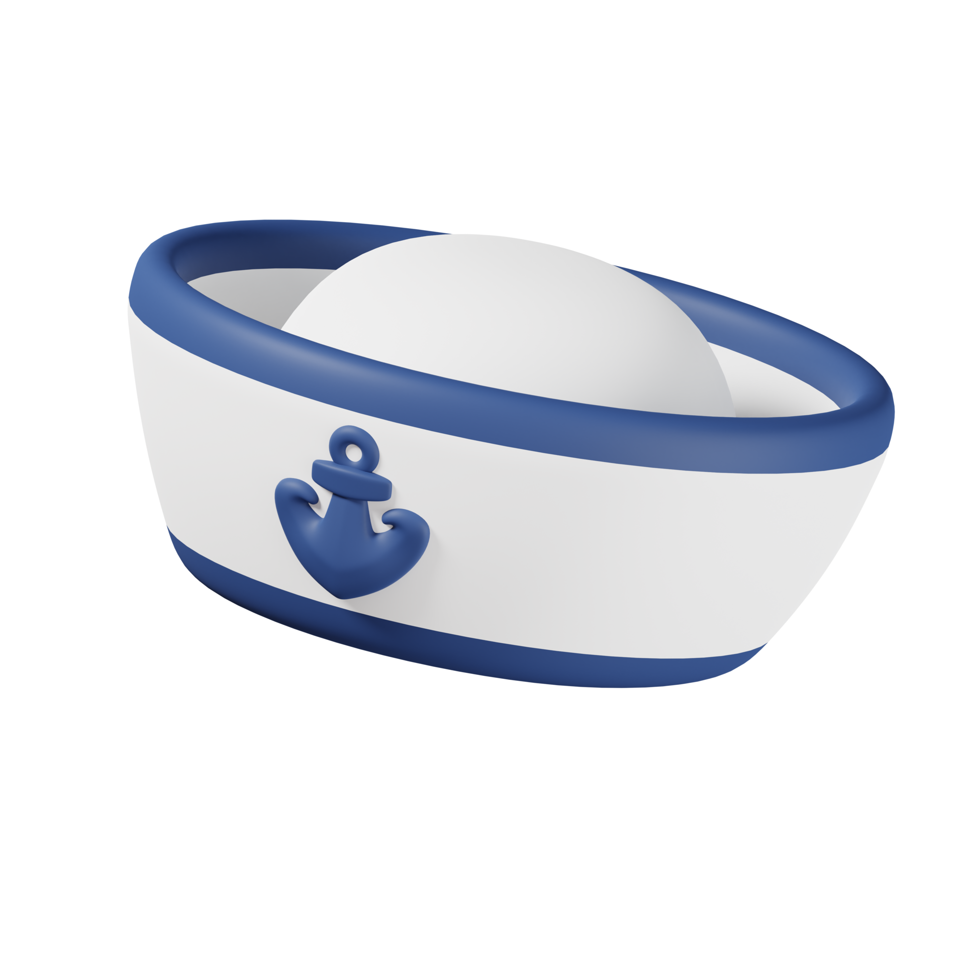 Sailor hat with blue anchor emblem isolated. 3D render of Sea and beach