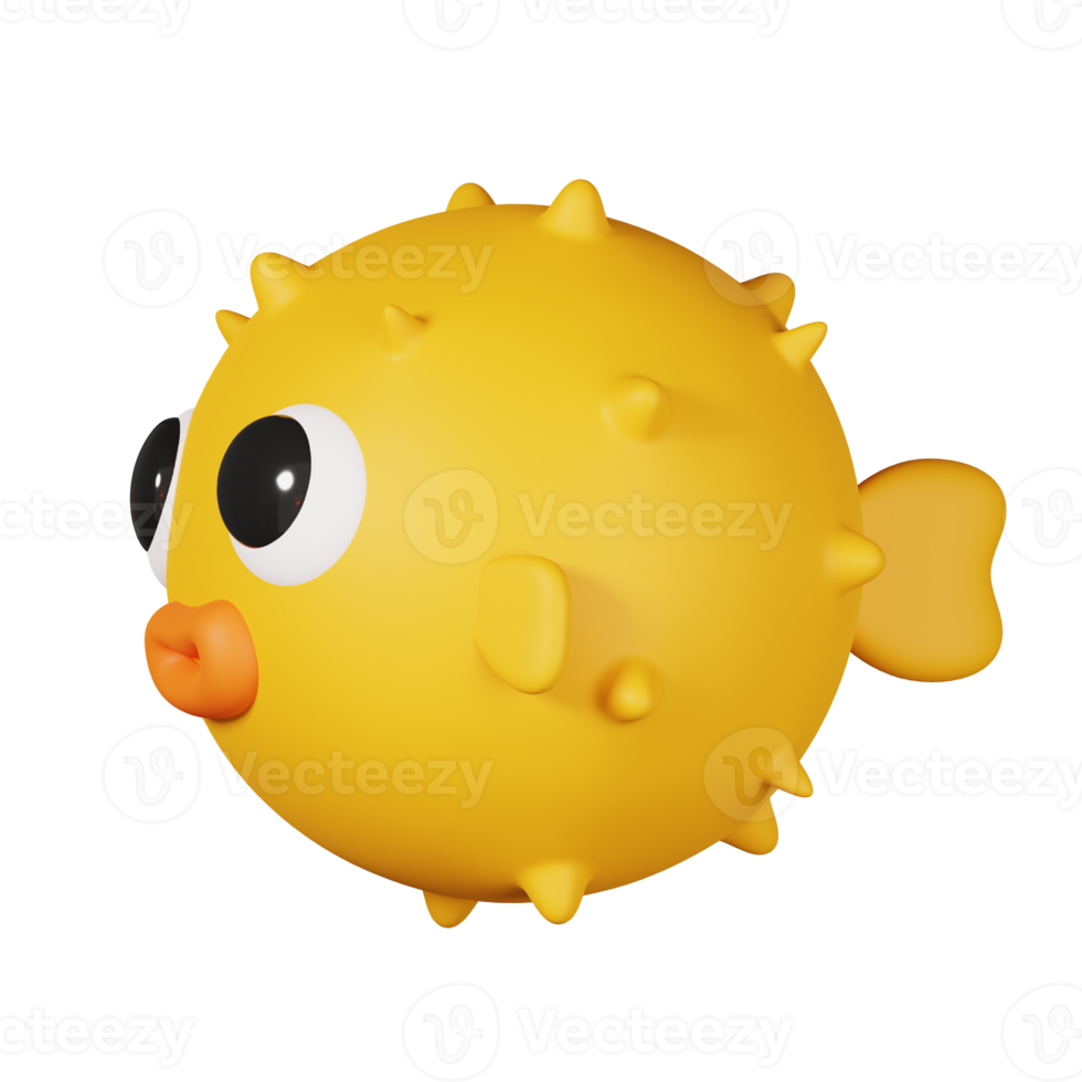 Yellow puffer fish isolated. 3D render of Sea and beach icon png