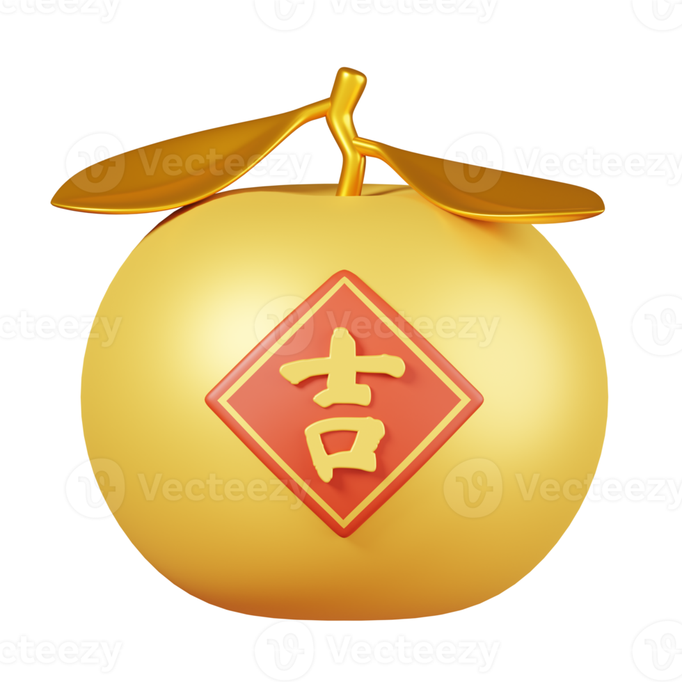 Golden mandarin orange with sign isolated. Chinese new year elements icon. 3D illustration. Text Lucky png