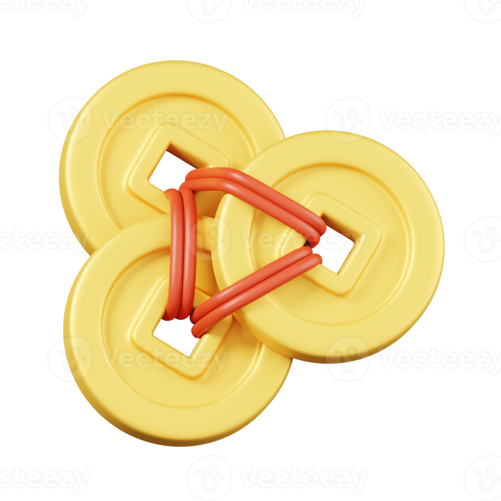 3 pièces en laiton nouées avec une corde rouge isolées. icône des éléments du nouvel an chinois. illustration 3d png