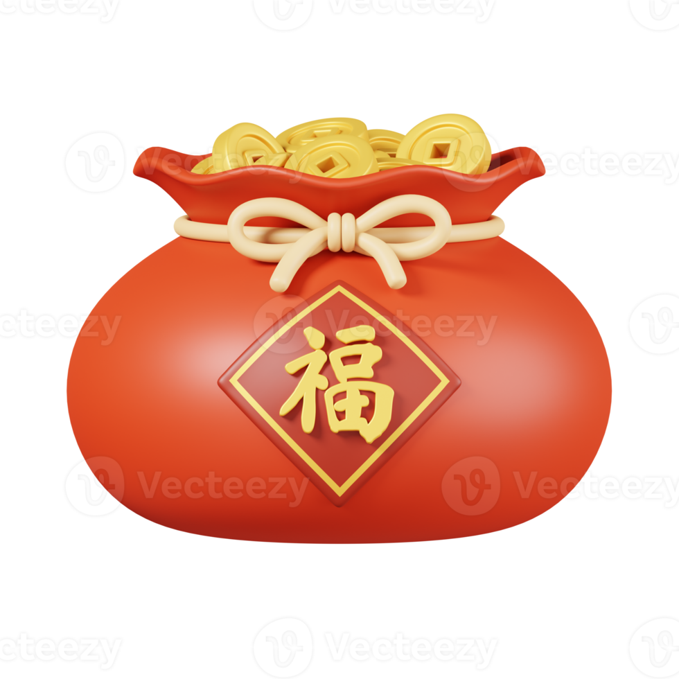 Cute lucky bag full of gold coins isolated. Chinese new year elements icon. 3D illustration. Text Lucky png