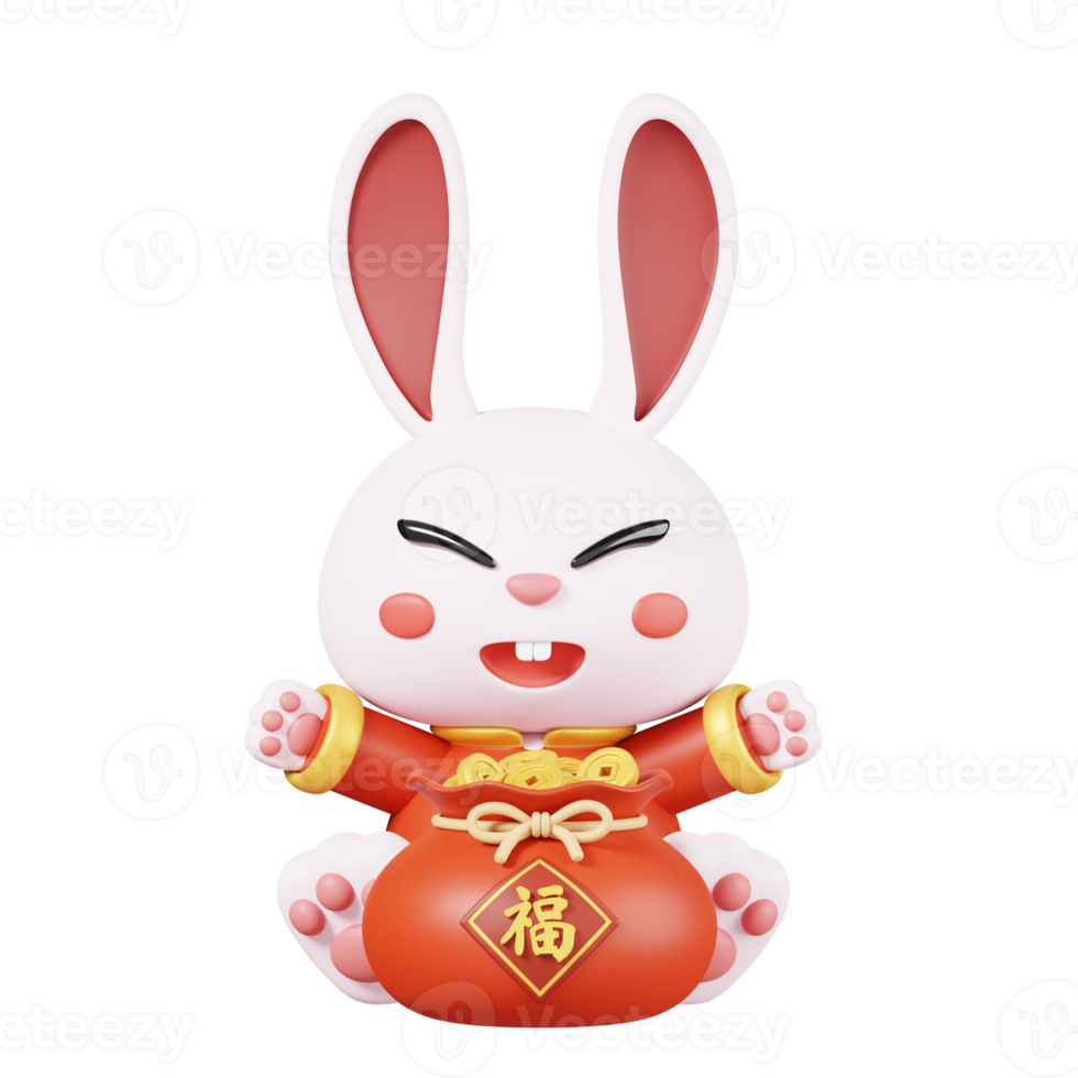 Rabbits in traditional clothing and lucky bag full of gold ingots isolated. Chinese new year elements icon. 3D illustration. Text Lucky png