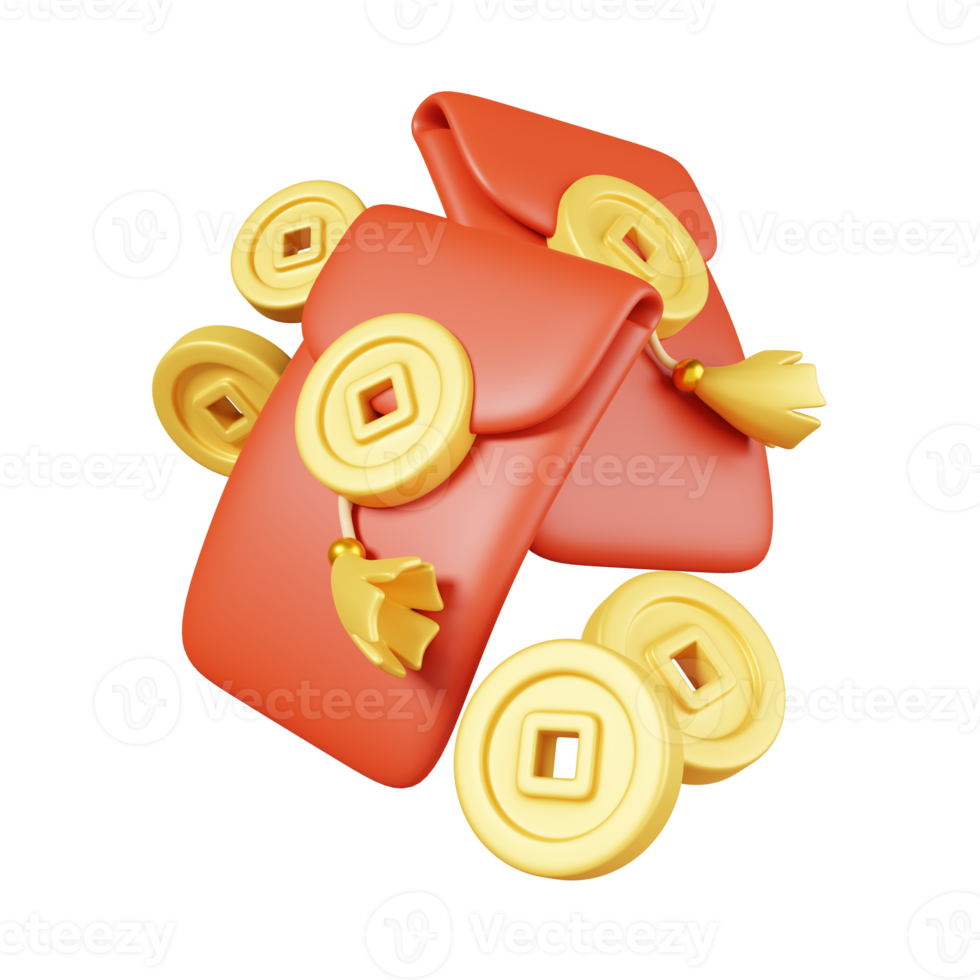 Angpao aka. CNY red envelopes and gold coins isolated. Chinese new year elements icon. 3D illustration png