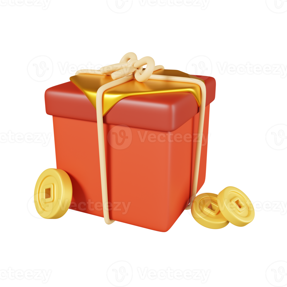 Gift box and gold coin isolated. Chinese new year elements icon. 3D illustration. png