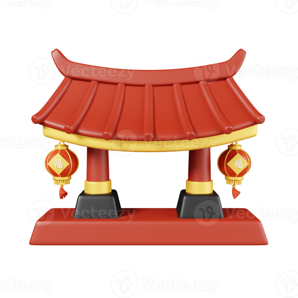 Chinese gates with lanterns isolated. Chinese new year elements icon. 3D illustration.Text Lucky png