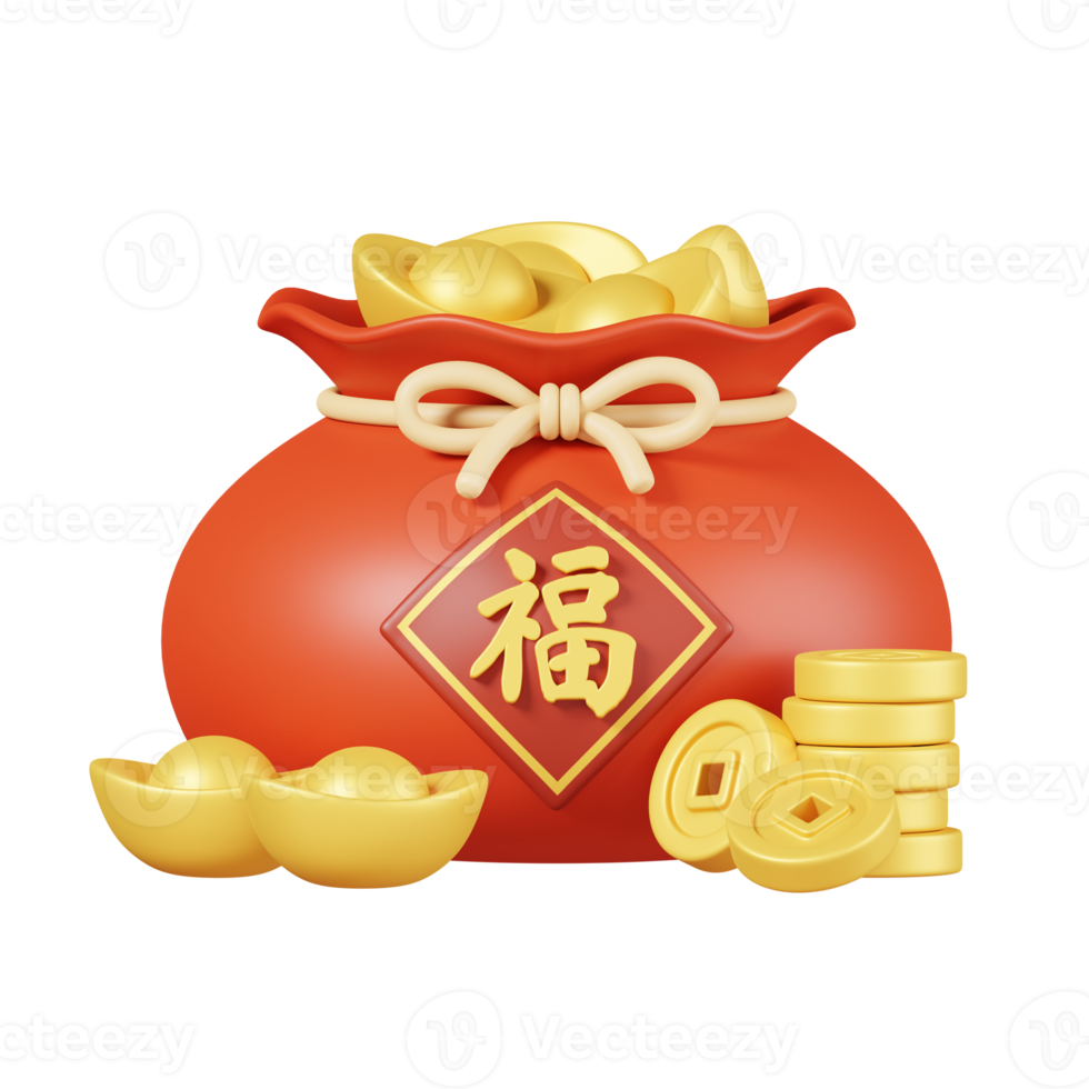 Cute lucky bag full of gold ingots and coins stack isolated. Chinese new year elements icon. 3D illustration. Text Lucky png