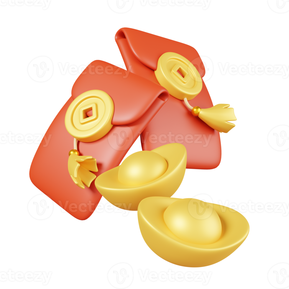 Angpao aka. CNY red envelopes and gold ingots isolated. Chinese new year elements icon. 3D illustration png