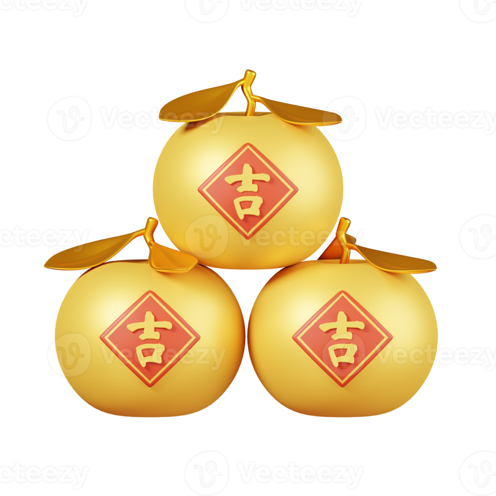 Stack of gold mandarin orange with sign isolated. Chinese new year elements icon. 3D illustration. Text Lucky png