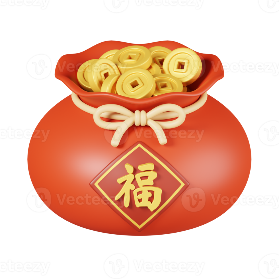 Cute lucky bag full of gold coins isolated. Chinese new year elements icon. 3D illustration. Text Lucky png