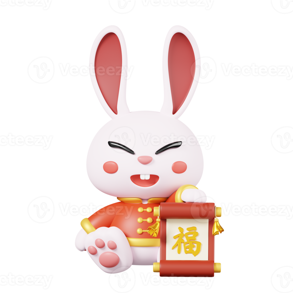 Rabbits in traditional clothing holding scroll paper isolated. Chinese new year elements icon. 3D render. Text Lucky png