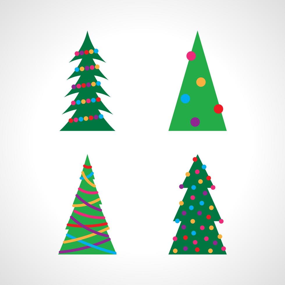 Set of four Christmas tree with Christmas balls and decorations. Vector illustration.
