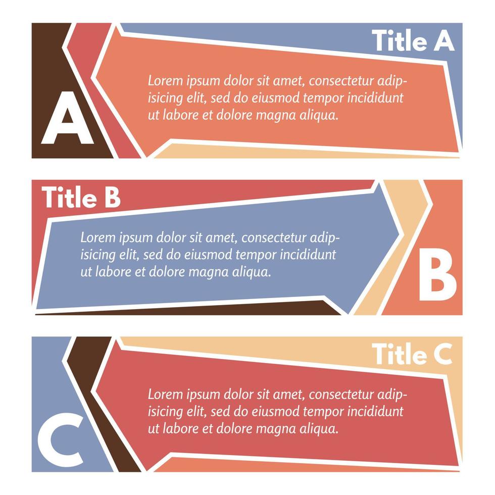 Set of three horizontal colorful options banners. Step by step infographic design template. Vector illustration