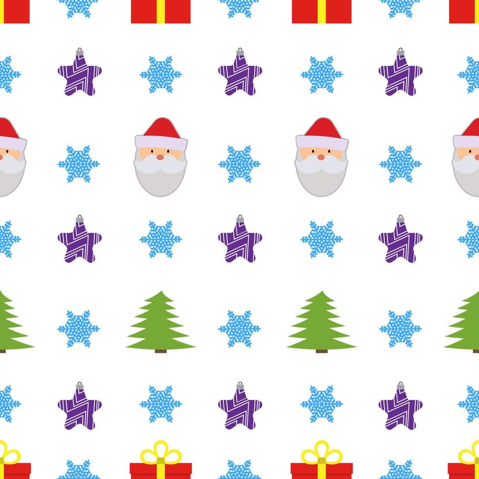 Christmas seamless pattern with snowflake, christmas ball, Santa Claus and Christmas tree on white background. Vector illustration