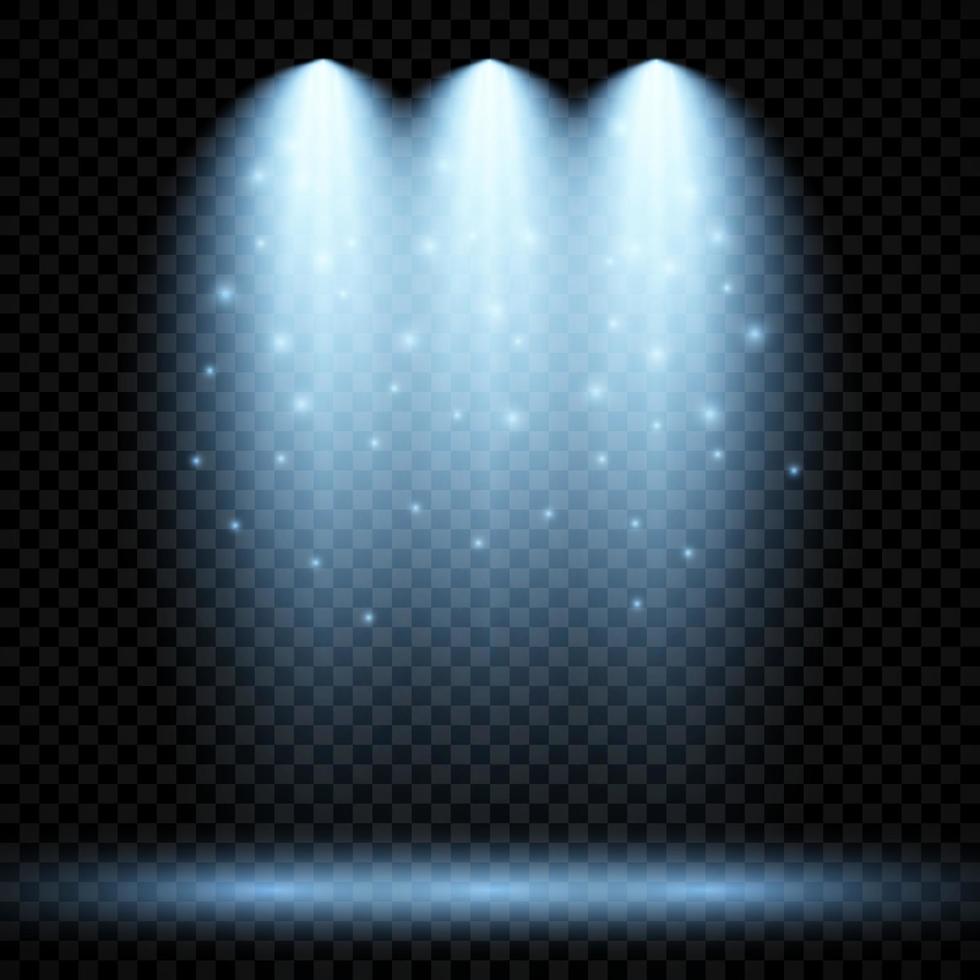 Cold blue lighting with three spotlights. Scene illumination effects on a dark transparent background. Vector illustration