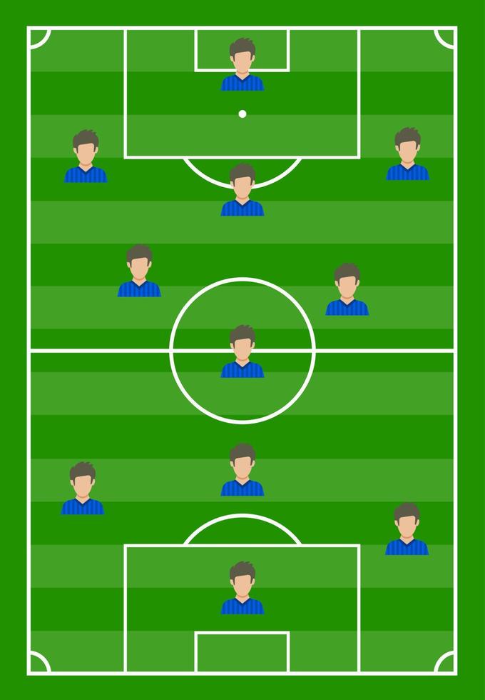 Football field with green grass and with eleven players. Vector illustration