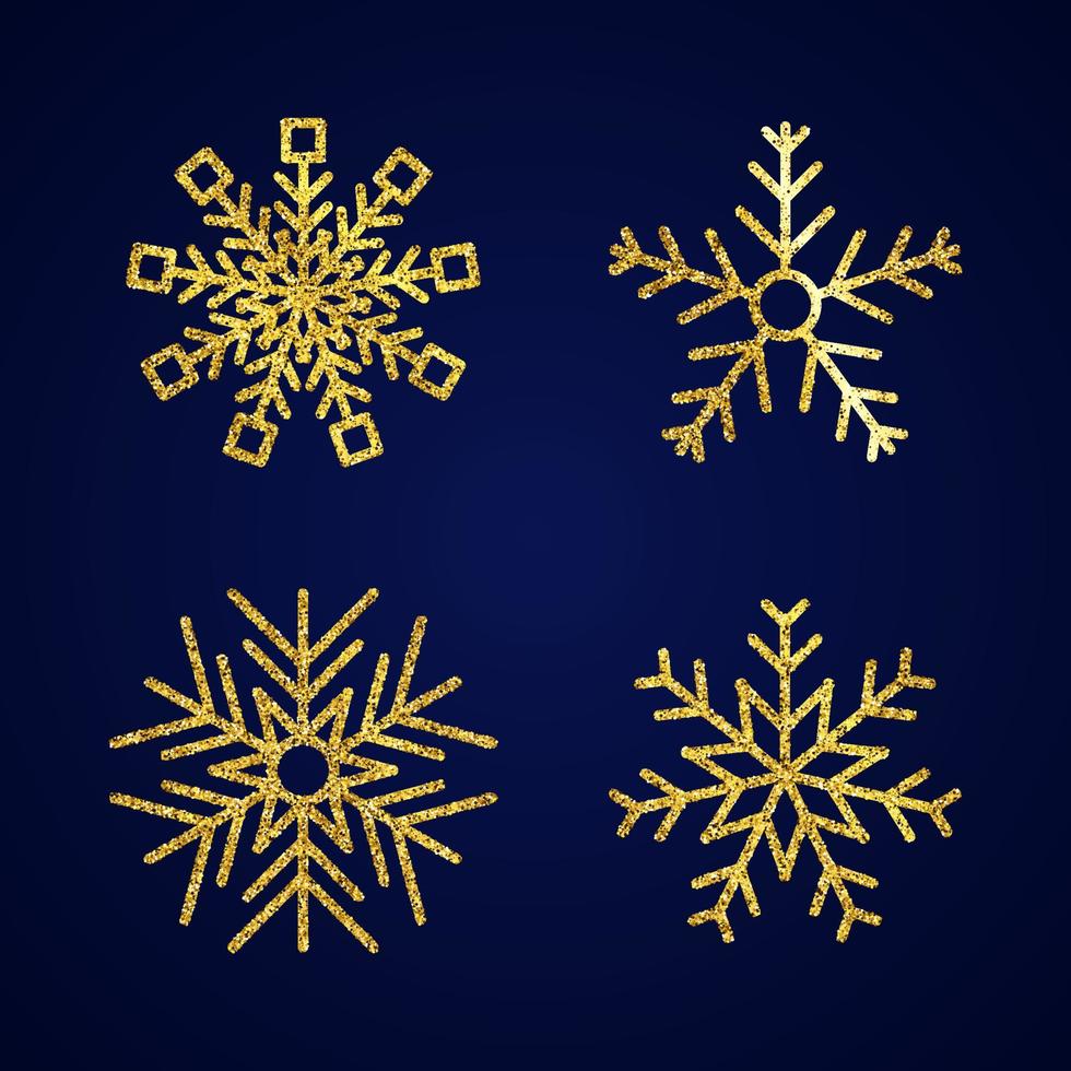 Gold glitter snowflakes. Set of four gold glitter snowflakes on blue background. Christmas and New Year decoration elements. Vector illustration.