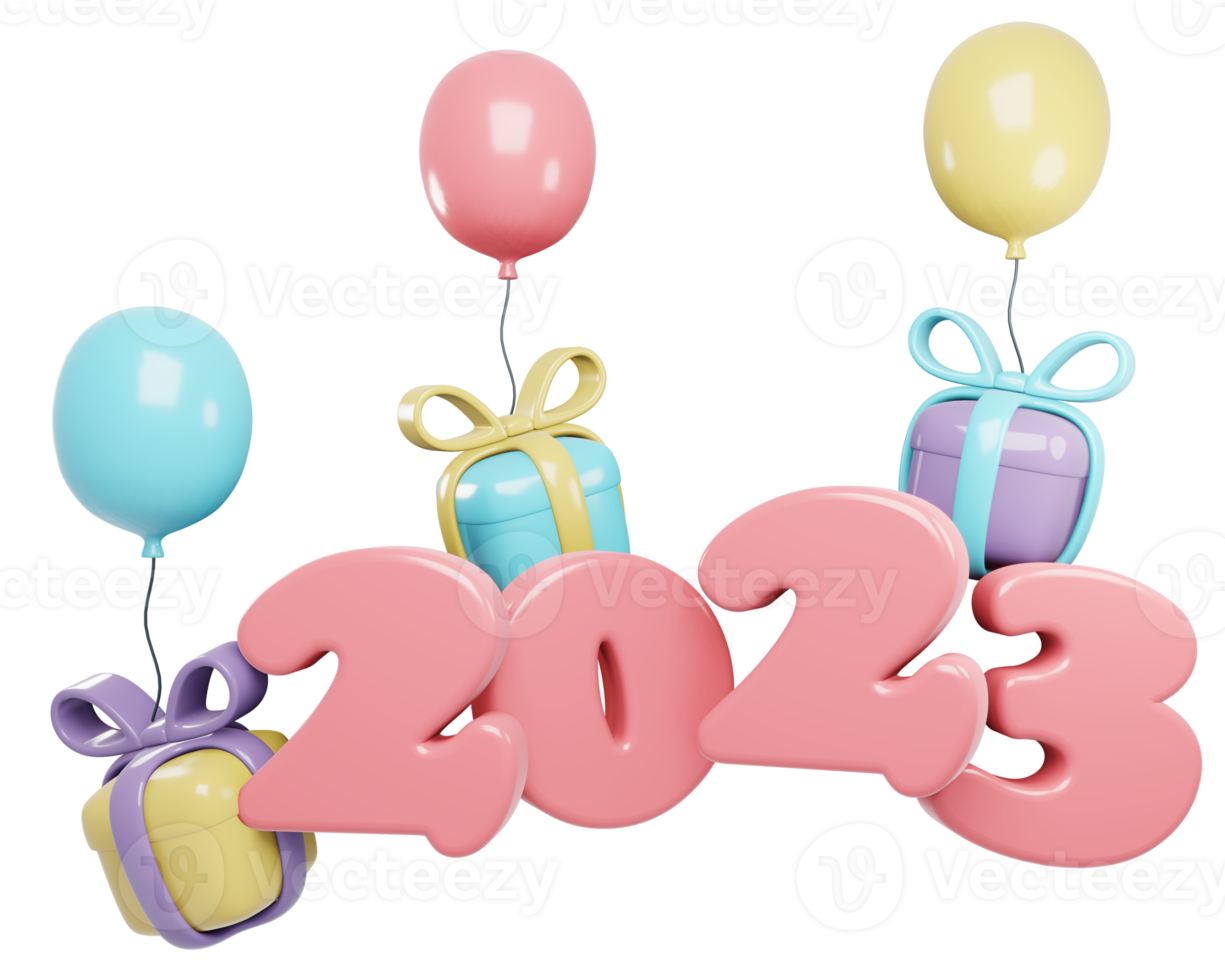 3d geven nieuw jaar 2023 aantal met ballon en geschenk. 3d geven illustratie. png