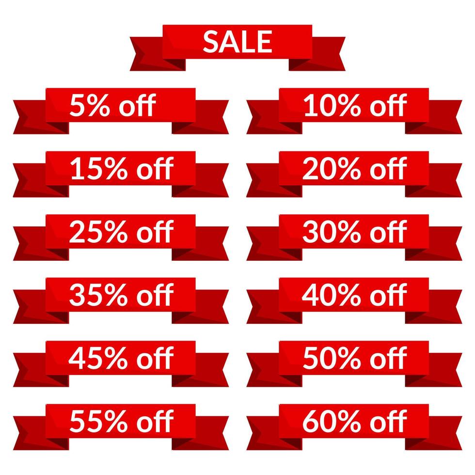 Set of red sale ribbons with different discount values. Sale label template. Vector illustration